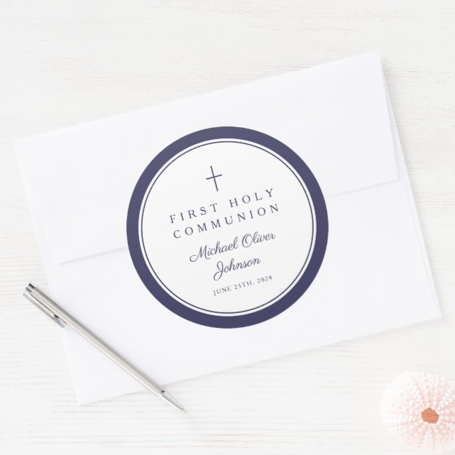 Adesivo Redondo Elegant Navy Blue Cross Boy First Communion  (Envelope)