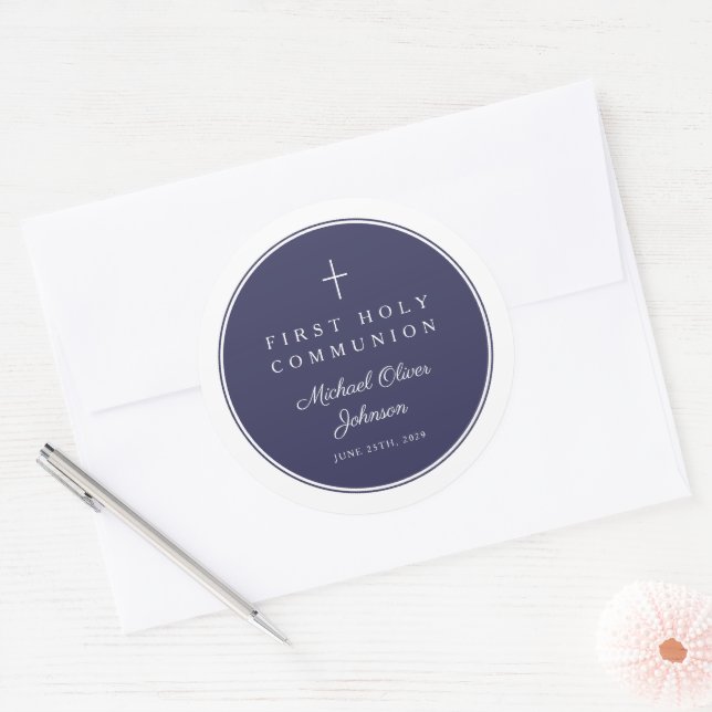 Adesivo Redondo Elegant Navy Blue Cross Boy First Communion  (Envelope)