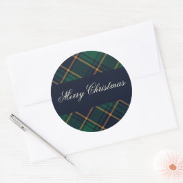 Adesivo Redondo Elegant Navy Green Plaid Christmas