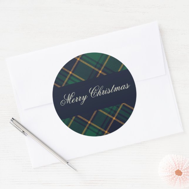 Adesivo Redondo Elegant Navy Green Plaid Christmas (Envelope)