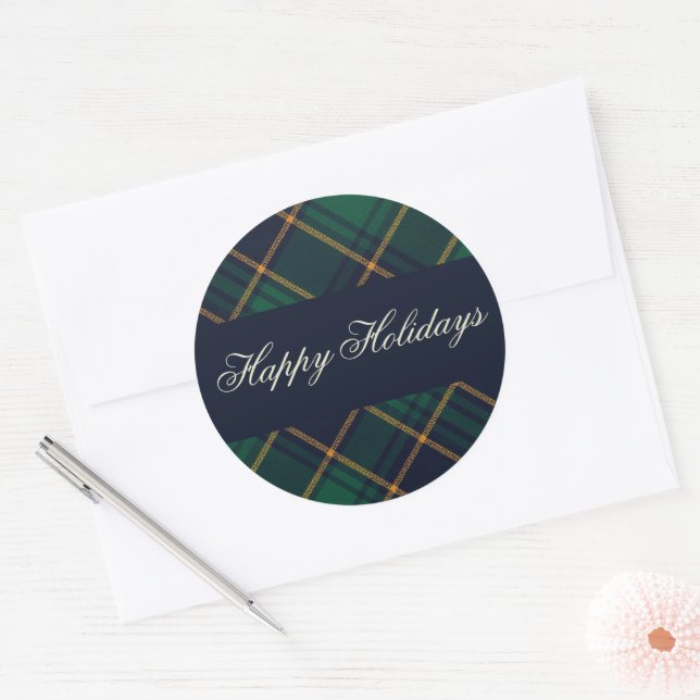 Adesivo Redondo Elegant Navy Green Plaid Holiday (Envelope)