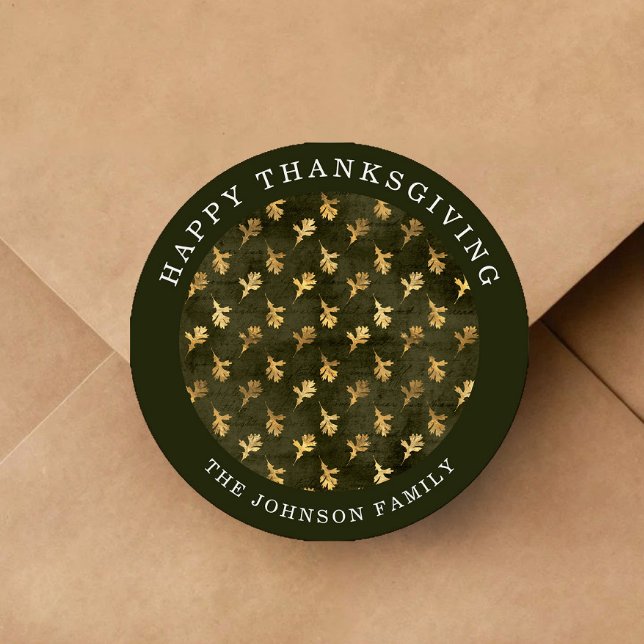 Adesivo Redondo Elegant Oak Leaves Green Thanksgiving (Elegant Oak Leaves Green Thanksgiving Classic Round Sticker)