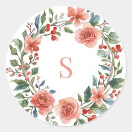 Adesivo Redondo Elegant Personalised Floral Watercolour Monogram