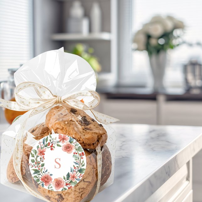 Adesivo Redondo Elegant Personalised Floral Watercolour Monogram   (Floral Wreath Sticker)