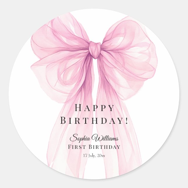 Adesivo Redondo Elegant Pink Bow Birthday Stickers (Frente)