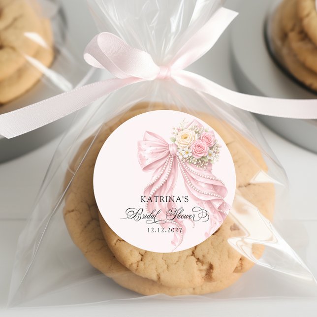 Adesivo Redondo Elegant Pink Bow Romantic Bridal Shower (Criador carregado)