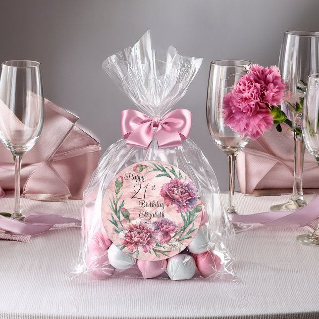 Adesivo Redondo Elegant Pink Carnations 21st Birthday Party  (Elegant Pink Carnations 21st Birthday Party Favor Classic Round Stickers - 2 Sizes)