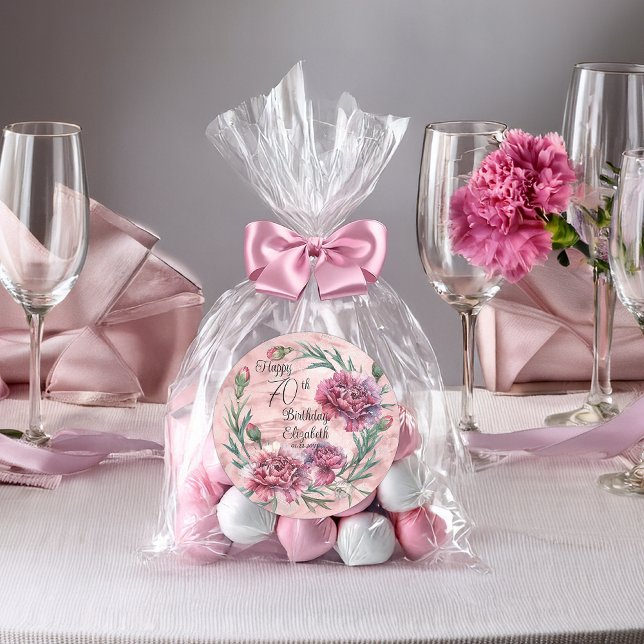 Adesivo Redondo Elegant Pink Carnations 70th Birthday Party  (Elegant Pink Carnations 70th Birthday Party Favor Classic Round Stickers - 2 Sizes)