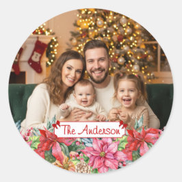 Adesivo Redondo Elegant Poinsettia Floral Border Custom Photo