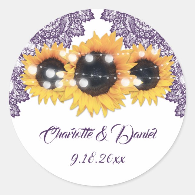 Adesivo Redondo Elegant Purple Rustic Sunflower Wedding (Frente)