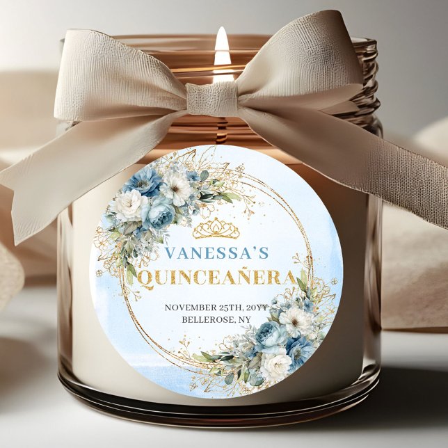Adesivo Redondo Elegant Quinceañera Sticker Blue Gold Greenery (Elegant Quinceañera Sticker Blue Gold Greenery)