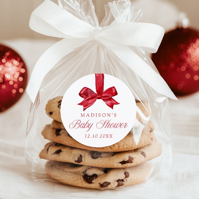 Adesivo Redondo Elegant Red Bow Christmas Baby Shower (Criador carregado)