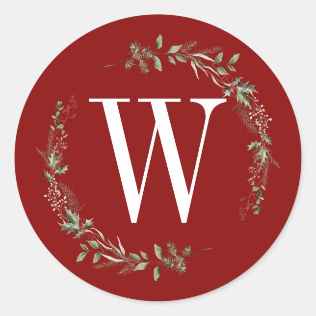 Adesivo Redondo Elegant Red Christmas Greenery Monogram Wreath (Frente)