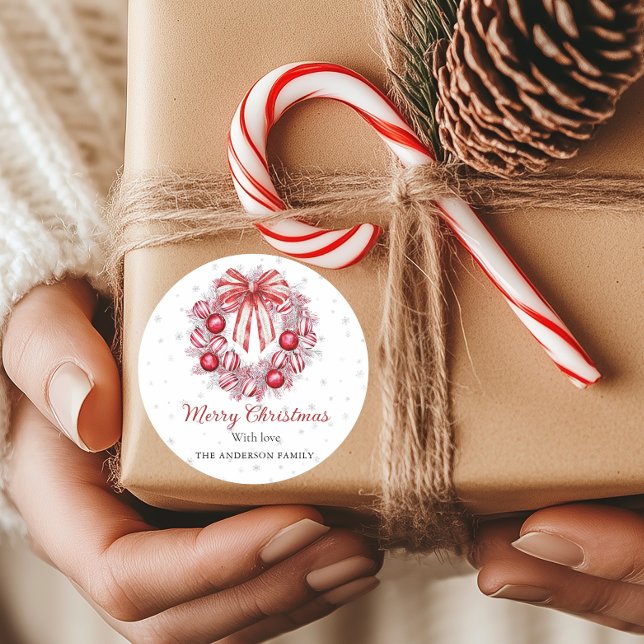 Adesivo Redondo Elegant Red white Christmas Wreath  (Red and white Christmas Wreath Round sticker)
