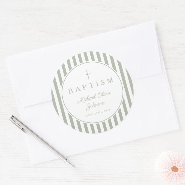 Adesivo Redondo Elegant Sage Green Cross Boy Baptism  (Envelope)