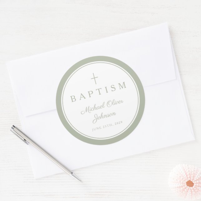 Adesivo Redondo Elegant Sage Green Cross Boy Baptism  (Envelope)
