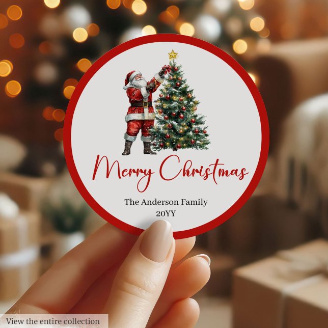 Adesivo Redondo Elegant Santa Claus Red White Script Font Holiday  (Santa Claus Christmas stickers in red white, rustic, and vintage festive style.)