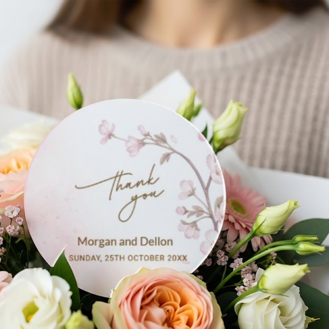 Adesivo Redondo Elegant Soft Blush Pink Cherry Blossom Wedding Cla (Criador carregado)