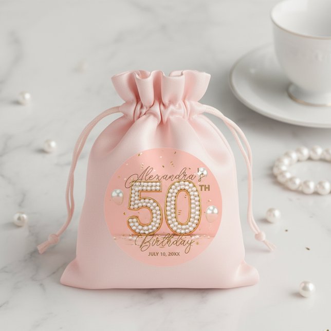 Adesivo Redondo Elegant Soft Pink Gold Pearly 50th Birthday (Criador carregado)