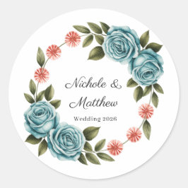 Adesivo Redondo Elegant Teal Rose & Orange Daisey Wedding