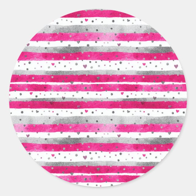 Adesivo Redondo Elegant Valentine Pink Silver Hearts on Striped (Frente)