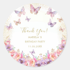 Adesivo Redondo Elegant Watercolor butterfly rainbow girl 1st birt