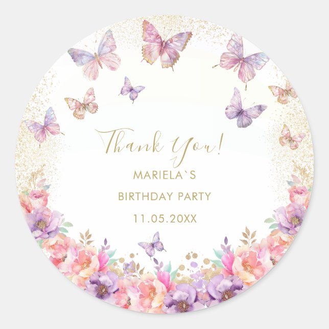 Adesivo Redondo Elegant Watercolor butterfly rainbow girl 1st birt (Frente)