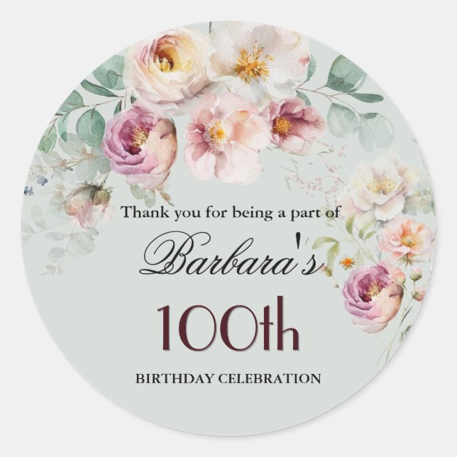 Adesivo Redondo Elegant Watercolor Floral 100th Birthday Welcome (Frente)