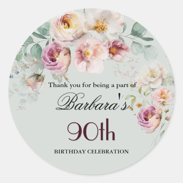 Adesivo Redondo Elegant Watercolor Floral 90th Birthday Welcome (Frente)