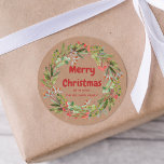 Adesivo Redondo Elegant Watercolor Wreath Christmas   Classic Roun<br><div class="desc">Watercolor painted red-green berries and branches winter Christmas wreath sticker. Kraft paper texture background.Customizable!</div>