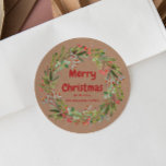 Adesivo Redondo Elegant Watercolor Wreath Christmas   Classic Roun<br><div class="desc">Watercolor painted red-green berries and branches winter Christmas wreath sticker. Kraft paper texture background.Customizable!</div>