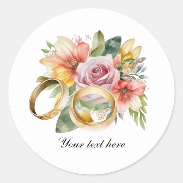 Adesivo Redondo Elegant Wedding flowers and rings customizable (Frente)