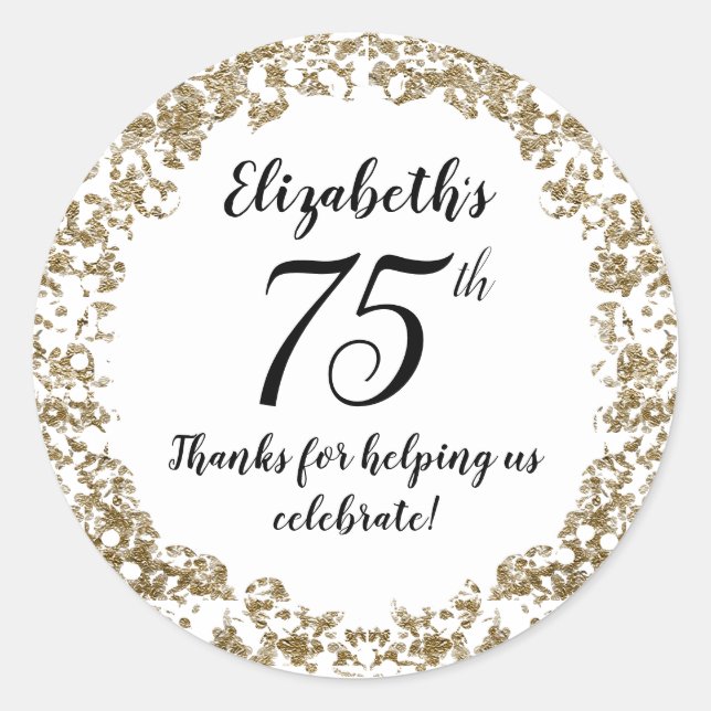 Adesivo Redondo Elegant White Black and Gold 75th Birthday (Frente)
