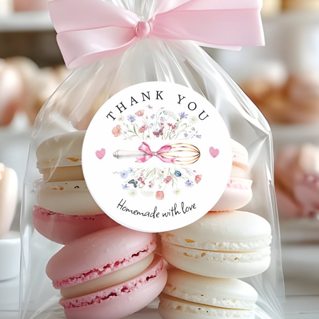 Adesivo Redondo Elegant Wildflower Whisk Bakery (Elegant Wildflower Whish with pink bow Thank you stickers)