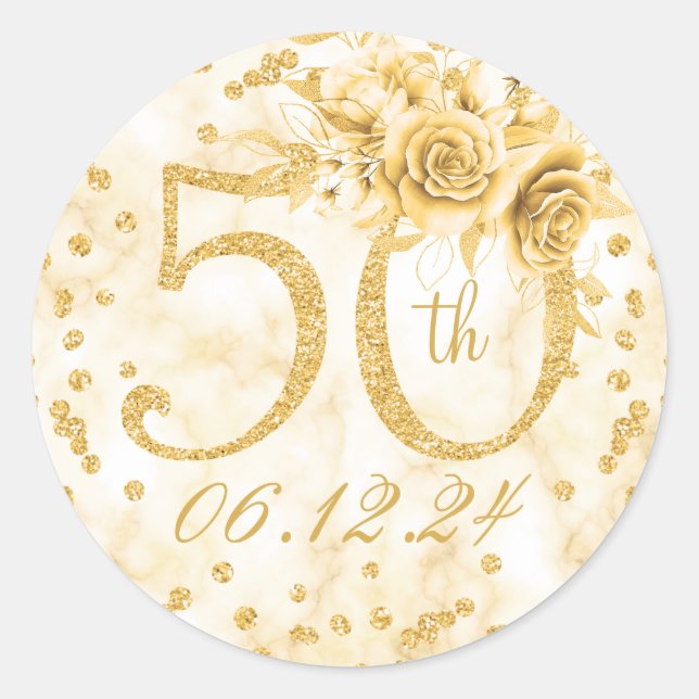 Adesivo Redondo Elegante 50ª Festa de aniversário de mármore moder (Frente)