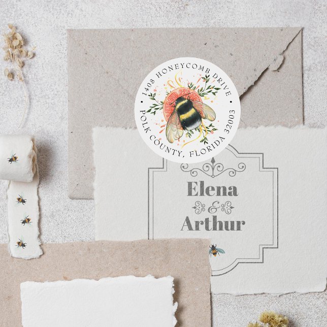 Adesivo Redondo Elegante Abelha Bumble Botânica de Citros | Endere (Criador carregado)