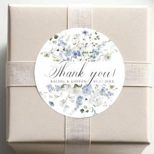 Adesivo Redondo Elegante Agradecimento de Casamento Floral Azul Br
