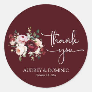 Adesivo Redondo Elegante Agradecimento Floral de Casamento em Burg