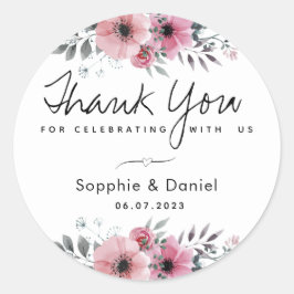Adesivo Redondo Elegante Agradecimento Floral em Aquarela Rosa