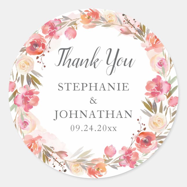 Adesivo Redondo Elegante Água-Forte Floral Rosa de Pêssego Agradec (Frente)