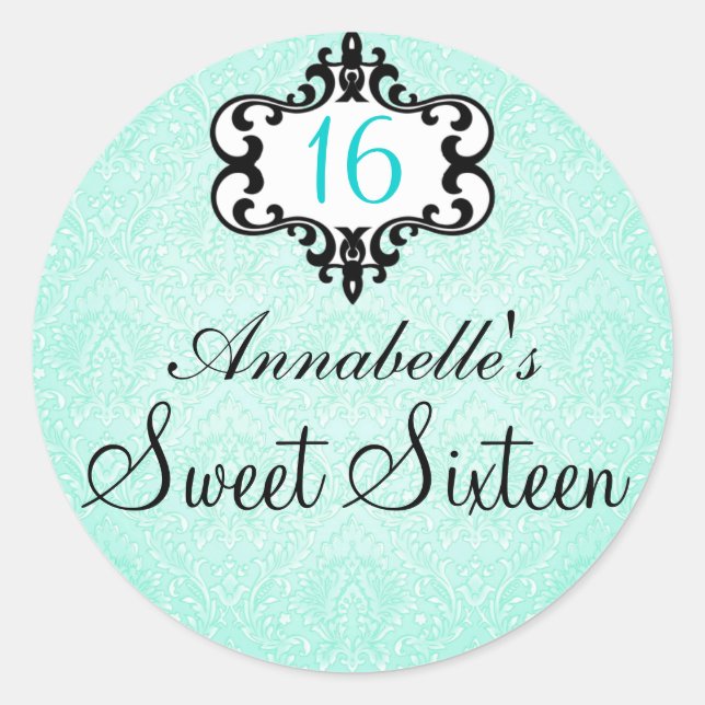 Adesivo Redondo Elegante Aqua & Black Chic Damask Sweet 16 Sticker (Frente)