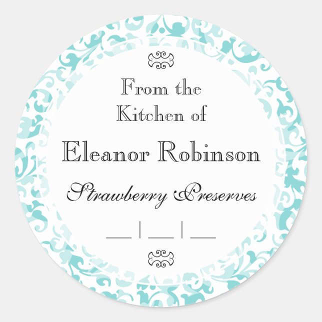 Adesivo Redondo Elegante Aqua Teal Damask Swirl Srolls (Frente)