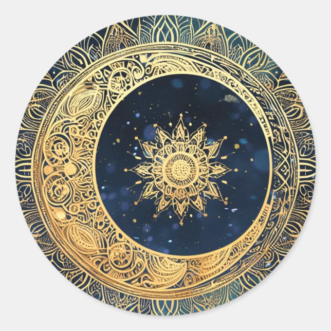 Adesivo Redondo Elegante Aquarela Azul e Douradas Estrelas do Sol  (Frente)