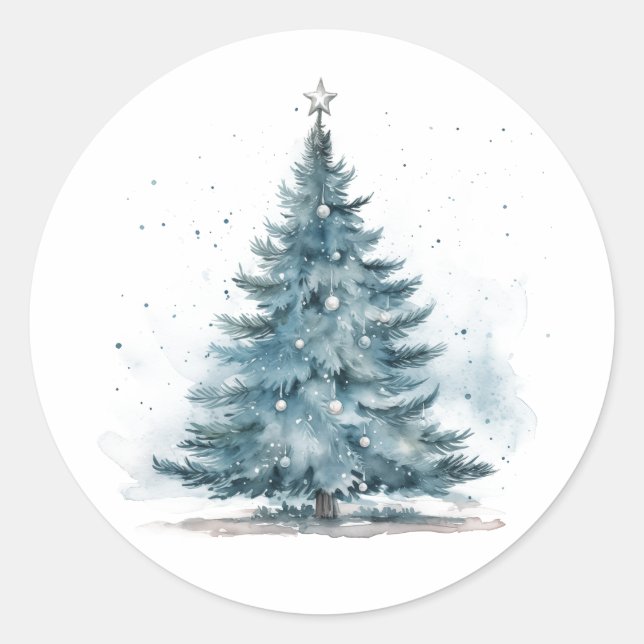 Adesivo Redondo Elegante Aquarela Blue Silver Winter Wonderland (Frente)