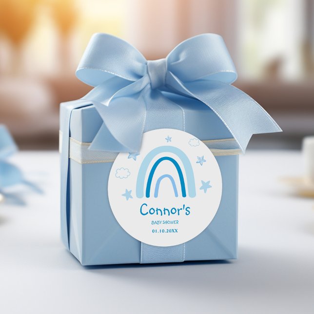 Adesivo Redondo Elegante Aquarela Chá de fraldas Arco-Íris Azul (Elegant Watercolor Blue Rainbow Baby Shower Classic Round Sticker)