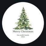 Adesivo Redondo Elegante Aquarela Merry Christmas Tree Non-Photo<br><div class="desc">Um adesivo elegante, não fotográfico, redondo, com uma aquarela festiva, árvore de Natal enfeitada com ornamentos de vidro. Personalize o cartão adicionando uma saudação personalizada, seu nome de família e o ano. O cartão de feriado da árvore de Natal reverte para sua mensagem exibida em letras negras e um fundo...</div>