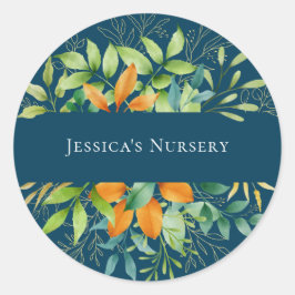 Adesivo Redondo Elegante Aquarela Verde Folhagem Botânica Azul