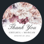 Adesivo Redondo Elegante Autumn Floral Obrigado<br><div class="desc">Elegante, obrigado de casamento de outono, vocês colam com flores de aquarela em tons de rosa, roxo, vermelho e bronzeado. Adicione a noiva e o nome do noivo ao modelo, juntamente com a data do casamento ou da festa de casamento.</div>
