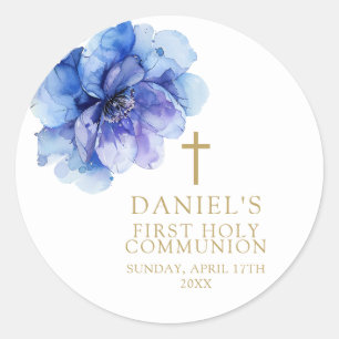 Adesivo Redondo Elegante Azul Água-Forte Floral Sagrada Comunhão