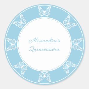 Adesivo Redondo Elegante Azul Claro Quinceañera - Borboleta Sofist